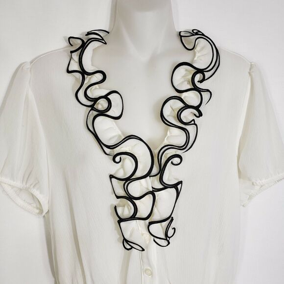 AGB Womens Top Large Ivory Sheer Ruffle Accent Button Elastic Waist Blouse - Picture 3 of 10
